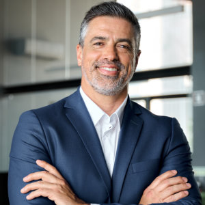 confident businessman leader wearing blue suit